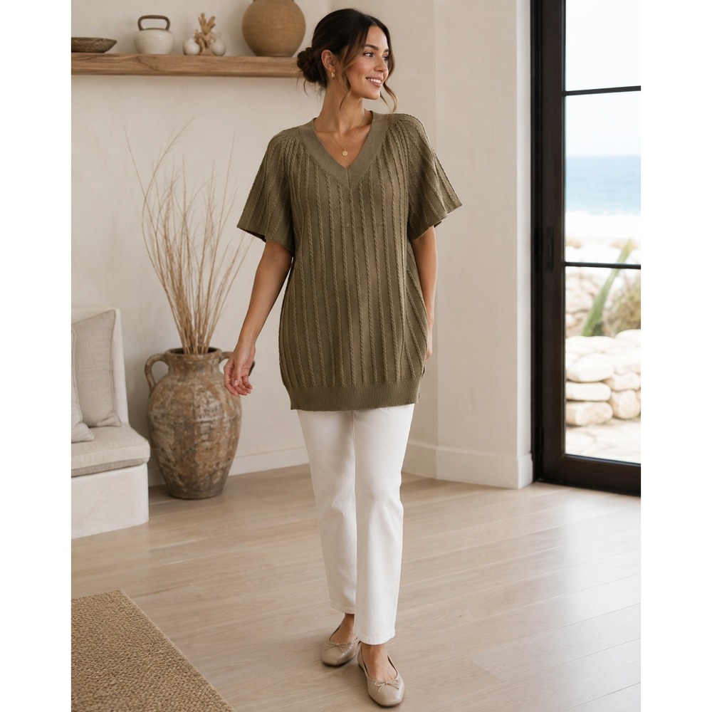 Calvin Klein Womens Olive Green Cable Knit V-Neck Flutter Sleeve Sweater Top